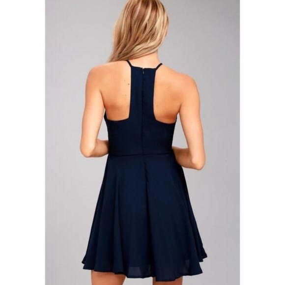 Lulus Navy Blue Keyhole Halter Dress Flared A-Line Sleeveless Back Zipper Size M - Picture 8 of 12